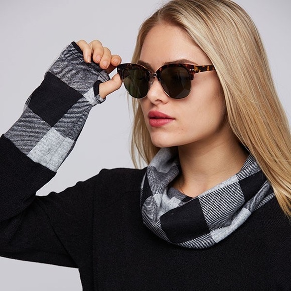 Cowl Neck Black and Grey Plaid Sweater - Picture 2 of 2